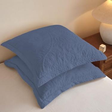 Imagem de MarCielo 2 fronhas de travesseiro acolchoadas de algodão bordadas fazenda bordadas Euro Shams 66 cm x 66 cm (Euro, azul marinho)
