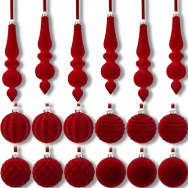 Imagem de Soulchen Conjunto de 18 peças de enfeites de Natal de veludo 17 cm, decoração de árvore de acabamento flocado, pingente de 6 cm, bola de Natal inquebrável com fita para lustre de teto de árvore de