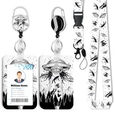 Imagem de Porta-crachá de identificação de OVNI engraçado com cordão breakaway e carretel retrátil resistente - chaveiro mosquetão giratório de 360° para mulheres, estudantes, professores, enfermeiros, uso no
