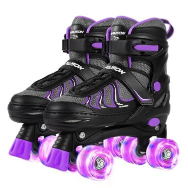 Imagem de PAPAISON Patins para mulheres, tamanho ajustável para meninas de 8 a 12 anos com rodas iluminadas, para uso externo, quadriciclo, skate interno e externo (roxo, médio-grande (1-4 EUA))