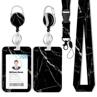 Imagem de Porta-crachá de identificação de mármore preto com cordão de separação e carretel retrátil resistente - chaveiro mosquetão giratório de 360° para mulheres, estudantes, professores, enfermeiros, uso no