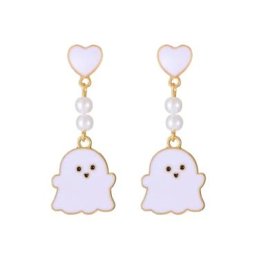 Imagem de Brincos de fantasma de Halloween para mulheres, brincos de gota de fantasma de coração rosa engraçados, brincos engraçados de pérola branca, brincos de memorial esmaltados, acessórios de bijuteria