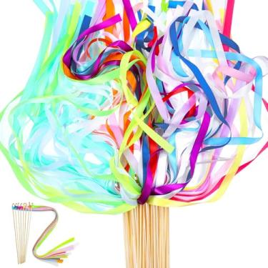 Imagem de 40 palitos de fita de arco-íris, varinhas multicoloridas de desejos de fadas com sinos, fitas de fadas, streamers de festa para festas de casamento, atividades, festas