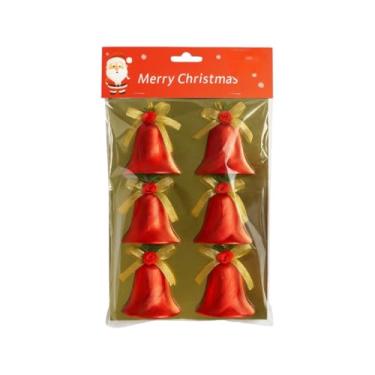 Imagem de Sinos de Natal Decorativos, 6 Unidades, Vermelho com Laço Dourado, Plástico, 6 cm, para Árvore e Decoração Natalina