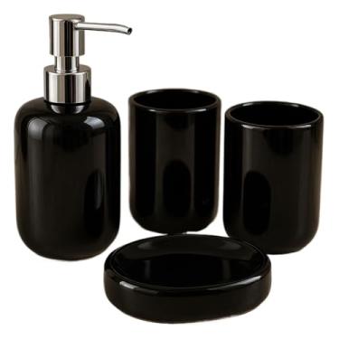 Imagem de Kit Jogo Banheiro Lavabo Porcelana cerâmica 4 Pçs Decoração Dispenser Sabonete Líquido Porta Escova(4 PEÇAS LISO PRETO)