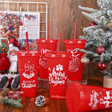 Imagem de Whaline 12 peças de copos de plástico Merry Christmas com tampas Canudos de 680 g Copos de Natal vermelhos reutilizáveis para bebidas frias suprimentos de lembrancinhas de festa