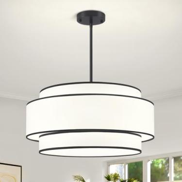 Imagem de GZBEINI Lustre De Tambor Preto De 19,7'', Lustre Moderno De Tecido Branco De 3 Níveis, Iluminação Para Sala De Jantar, Iluminação Para Ilha De Cozinha De 6 Luzes, Lustre De Fazenda Para Hall De Ent