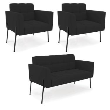 Imagem de Sofá Namoradeira E 2 Poltronas Pé De Ferro Preto Elisa Veludo D03 - D'rossi Cor Preto