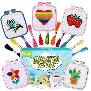 Imagem de Pllieay Kit de 5 peças para iniciantes de ponto de cruz para crianças, inclui 5 projetos padronizados e 5 peças de bastidores de bordado quadrados, 11 novelos, kit de costura para ponto de agulha com instruções (sem garantia de versão em português)