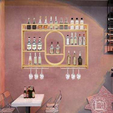 Imagem de GKPSSURV Rack de vinho de metal montado na parede com luz LED, prateleiras de exibição flutuantes para garrafas de bebidas e taças de vinho, prateleira de armazenamento, para casa, restaurante, bares