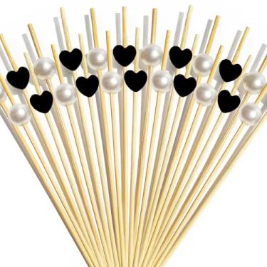 Imagem de Palitos de coquetel, 100 palitos de dente de pérola branca de coração preto para aperitivos, palitos de bambu decorativos de 12 cm de comprimento, espetos de coquetel para palitos de comida de festa