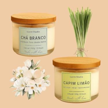 Imagem de Cuore Studio Vela Aromática Perfumada Natural, Kit com 2, Chá Branco, Vanilla, Baunilha, Alecrim, Lavanda, Capim Limão, Bamboo, Cereja e Avelã, Jasmim, 100g cada (Chá Branco e Capim Limão)