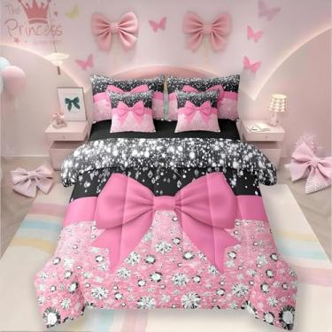 Imagem de Jogo de cama king size com laço rosa em uma bolsa, 7 peças, conjunto de cama com nó de laço fofo, conjunto de lençol kawaii com estampa de lantejoulas e diamante, decoração de casa rosa estilo