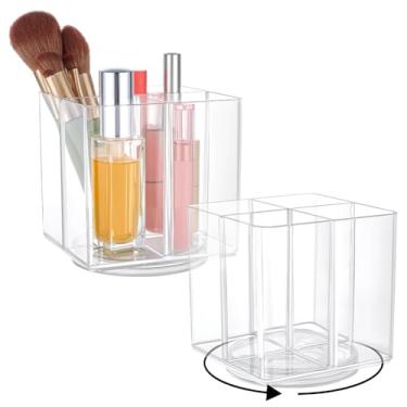 Imagem de PH PandaHall 2 porta-pincéis de maquiagem de acrílico transparente, organizador de lápis quadrado giratório de 360 graus com 4 compartimentos para mesa de estúdio de escritório em casa, 11,4 x 11,4 x