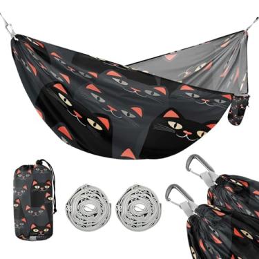 Imagem de JUZIHAI Rede de acampamento para gatos pretos, rede individual leve portátil com alças de árvore e mosquetões de alumínio, rede de viagem de 289 x 137 cm para caminhadas, mochilão na praia