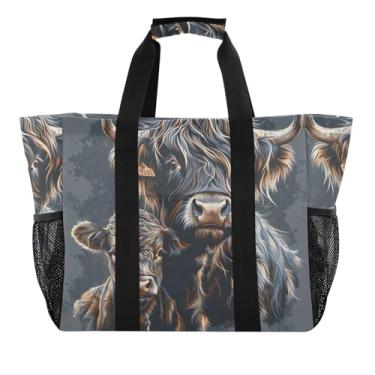 Imagem de ODAWA Bolsa masculina de praia estética para viagem - Bolsa de mercearia leve de lona aberta para vaca e bezerro, Vaca e bezerro Highland, One Size