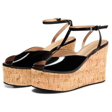 Imagem de Coutgo Sandálias femininas plataforma plataforma cortiça elegante peep toe tornozelo fivela tira salto alto sapatos de verão, Preto, 41