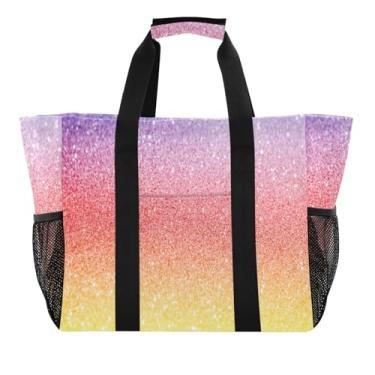 Imagem de ODAWA Bolsa de mercearia à prova de areia à prova d'água com gradiente pastel aberta durável - Bolsa de praia de lona reutilizável com bolsos com zíper