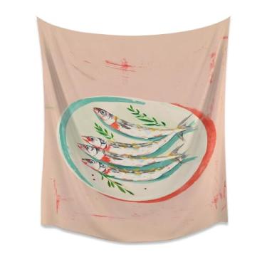 Imagem de Tapeçaria de parede de cozinha de sardinha rosa moderna ilustração de prato de peixe costeiro colorido decoração de sala de jantar estética arte para pendurar comida para apartamento branco 76 x 101