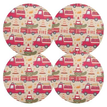 Imagem de Jogo americano redondo de caminhões de bombeiros de crocodilo de 38 cm, conjunto de 4 tapetes para mesas redondas laváveis
