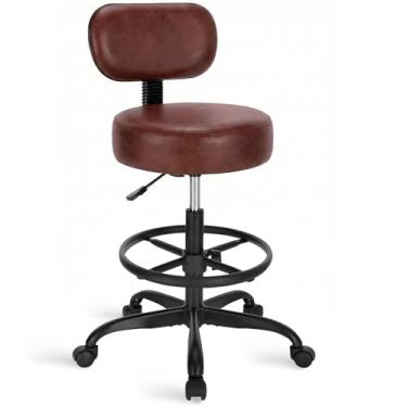 Imagem de SUPERJARE Cadeira de desenho com encosto, banco de rodinhas ajustável, cadeira de escritório multiuso, almofada de assento grossa para casa, bar, cozinha, loja, marrom rústico