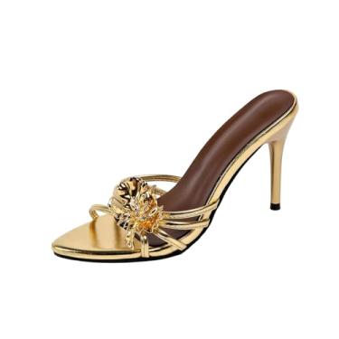Imagem de Sandália feminina floral bico fino salto alto bico aberto salto fino primavera verão casual confortável cor sólida calçado, Dourado, 38