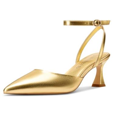 Imagem de TNYNFBEB Sapato feminino de salto baixo gatinho bico fino com tira no tornozelo fivela vestido de casamento básico clássico salto de 6 cm, Dourado, 41