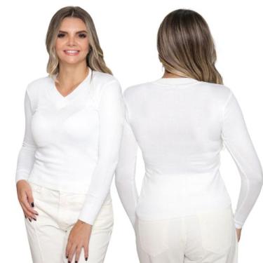 Imagem de Kit 2 Blusas Tricot Gola V Moda Casul Inverno 2024 - GIP, Branco, Únic