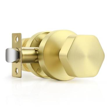 Imagem de Probrico Maçanetas de porta de latão escovado, maçanetas de porta de passagem dourada, maçanetas hexagonais para corredor de armário, 1 pacote