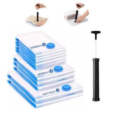 Imagem de Kit 10 Saco a Vácuo com Bomba – 5M 3G 2XG | Reutilizável, Anti-Furo, Ideal p/Roupas, Viagens, Edredons e Organização PREMIUM MCO