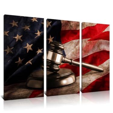 Imagem de Kalormore 3 peças vintage arte de parede juiz martelo impressão em tela escala da justiça imagem bandeira americana arte escritório de advocacia decoração de parede presente de advogado