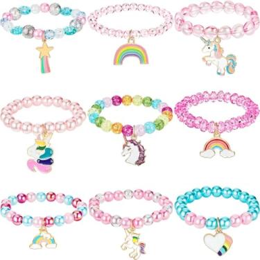 Imagem de Hicarer 9 Pieces Colorful Girls Unicorn Bracelets Rainbow Beaded Bracelet for Birthday Party Favors (Bead Style)