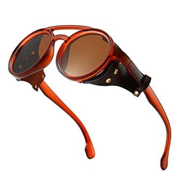 Imagem de GYsnail Make the world clear Óculos de sol Steampunk redondos premium para homens com lateral de couro, proteção UV400 HD Punk Sungalss, Marrom, middle