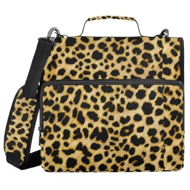 Imagem de SEHANY Fichário de zíper com estampa de leopardo com alça de ombro, capacidade para 500 folhas, vários bolsos, fichário com 3 anéis com zíper de 3 cm