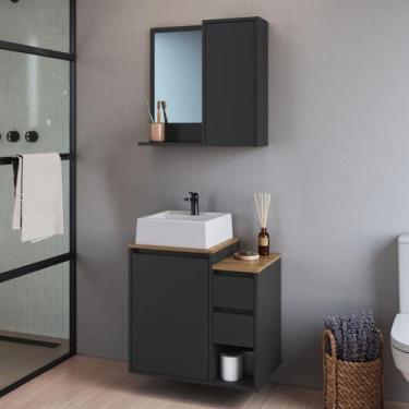 Imagem de Conjunto para Banheiro 60cm com Cuba Gabinete Suspenso e Espelheira Ba