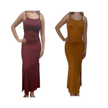 Imagem de KIT C/2 Vestidos Longo Canelado com Fenda - Emporio J, Vinho, Caramelo