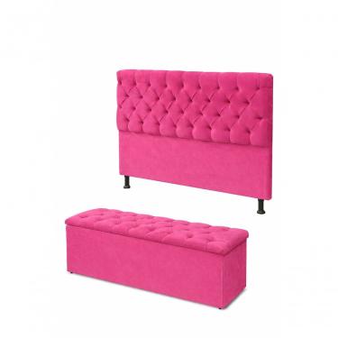Imagem de Kit Cabeceira De Cama Box Com Calçadeira Baú Mirage Capitonê Casal 140 Cm Suede Rosa Pink Eli Móveis E Decoração
