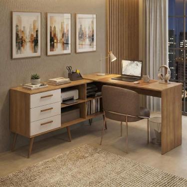 Imagem de Mesa De Escritório Em L Com 3 Gavetas Porto Multimóveis Mp6044 Madeirado/branco