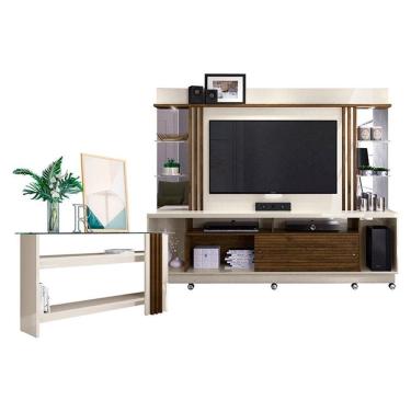 Imagem de Estante Home Theater com Rodízios e Aparador Frizz Gold Off White Savana – Madetec