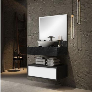 Imagem de Conjunto Max 80cm para Banheiro com Espelho, Gaveteiro, Bancada em Porcelanato e Cuba de Louça Bumi Preto