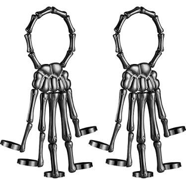 Imagem de Hicarer 2 pulseiras de mão de esqueleto com anel de dedo de metal steampunk caveira gótica pulseira de caveira ajustável esqueleto joia de mão pulseira de dedo para homens mulheres Halloween cosplay