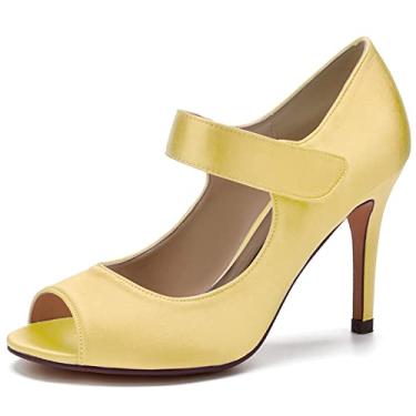 Imagem de Sapatos de noiva de cetim feminino, sapatos peep toe de salto agulha alto marfim 35-43,Gold,9 UK/42 EU