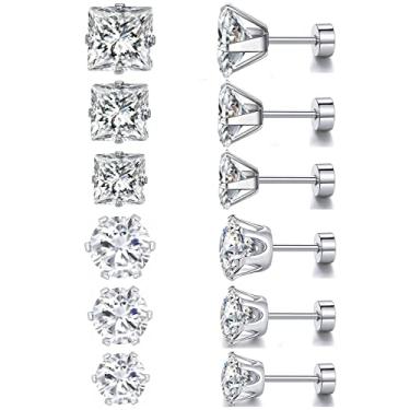 Imagem de 6 pares de brincos de zircônia cúbica hipoalergênica com corte princesa de aço inoxidável cirúrgico de titânio e parafuso nas costas, Medium, Aço inoxidável, Zircônia cúbica