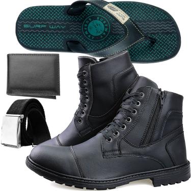 Imagem de Kit Bota Casual Touro Boots Masculina Preta + Cinto + Carteira + Chinelo sw Conforto Verde