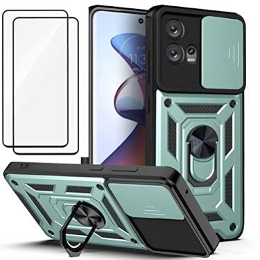 Imagem de Capa para Motorola Moto Edge 30 lite Capinha | com 2 protetores de tela temperados, janela deslizante de proteção da câmera integrada e suporte para telefone - Verde