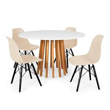 Imagem de Conjunto Mesa de Jantar Redonda Talia Amadeirada Branca 120cm com 4 Cadeiras Eames Eiffel Base Preta - Nude