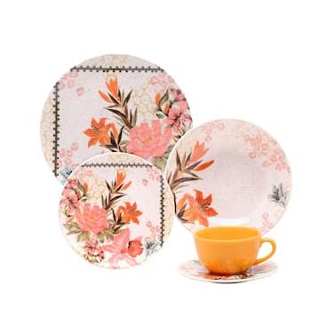 Imagem de Aparelho de Jantar 20 Peças Oxford Unni Buque Tropical em Cerâmica - Branco/Amarelo