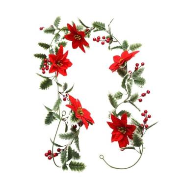 Imagem de Esquirla Guirlanda de Natal com luzes 20 LEDs 6,56 pés, guirlanda iluminada de frutas vermelhas, guirlanda de flores de Natal para lareira, ação de graças, Folhas com borda branca