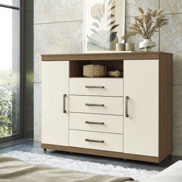 Imagem de Cômoda para Quarto 2 Portas 4 Gavetas 1 Nicho Master com Rodízios Jatobá/Areia