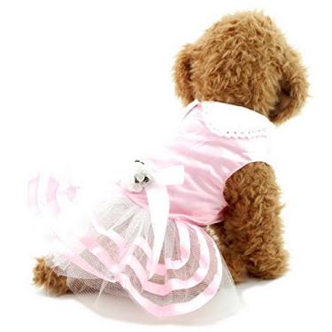Imagem de Ranphy Vestido tutu de cachorro pequeno gato saia de renda princesa roupas yorkie para mulher, gravata de cetim rosa, camisa de verão listras azul-marinho rosa P
